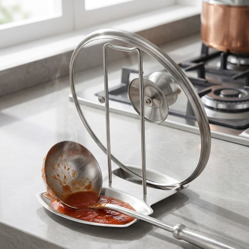 Stainless Steel Pot Lid Rack Detachable Kitchen Organizer Pan Cover Holder Spoon Spatula Stand