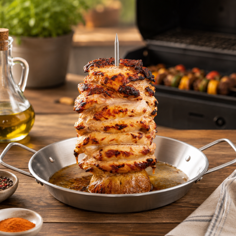 Stainless Steel Vertical BBQ Skewer Rack with Drip Pan and 3 Meat Spikes