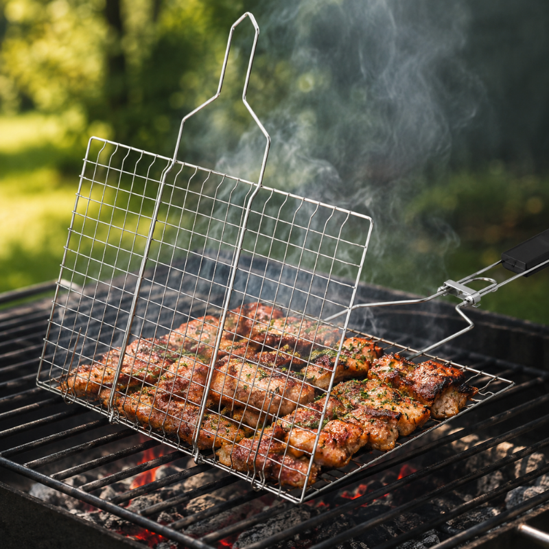 Stainless Steel BBQ Grill Basket with Foldable Handle for Meat Fish Vegetables