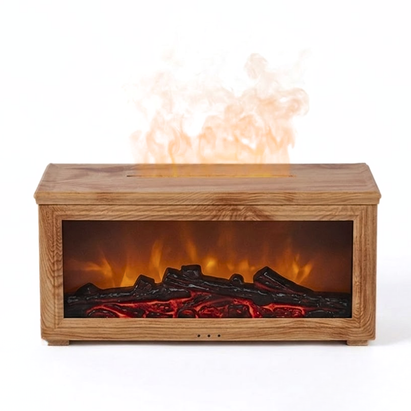 Fireplace Style Aromatherapy Diffuser Walnut Automatic Mist Humidifier with Flame Effect and Remote Control