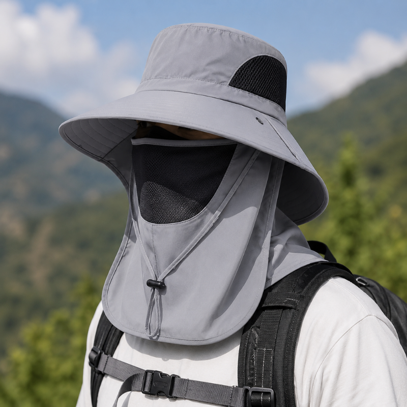 Light Gray Outdoor Sun Hat with Neck Flap Wide Brim Fishing Hiking Bucket Hat