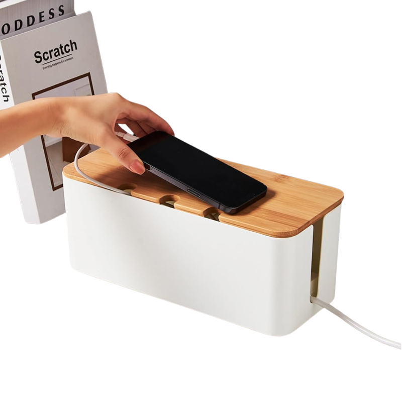 Small Cable Management Box White with Wooden Style Cover Cord Organizer