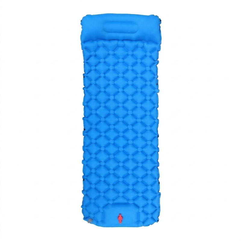 Inflatable Blue Camping Mat with Built In Air Pump Pillow for Hiking Trekking Travel and Outdoor Use