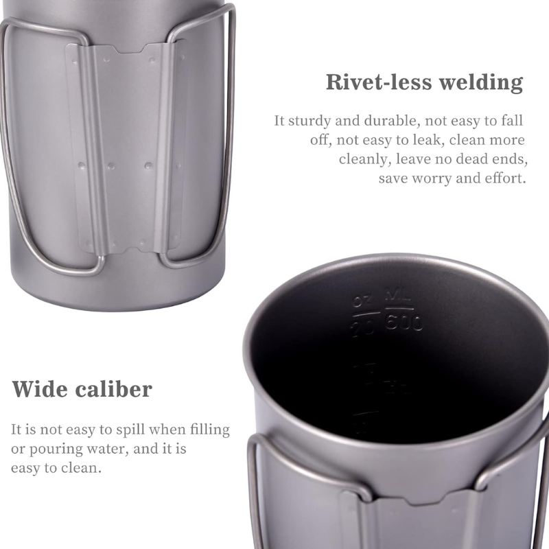 600ml Titanium Camping Cup with Lid Foldable Handles and Storage Bag