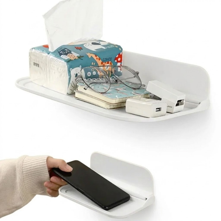 White Folding Wall Mounted Shelf Punch Free Storage Rack Phone Holder Space Saving