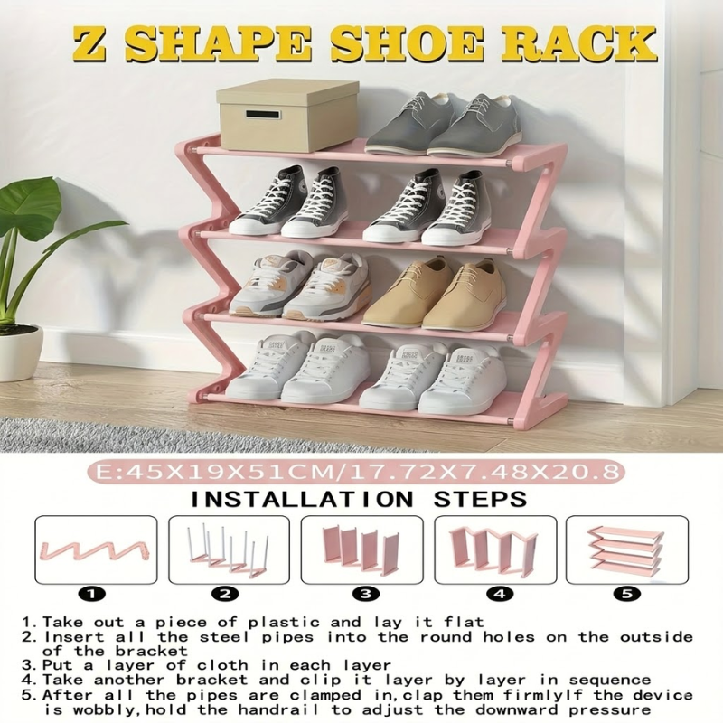 4 Tier Pink Z-Shaped Shoe Rack Space-Saving Storage Organizer