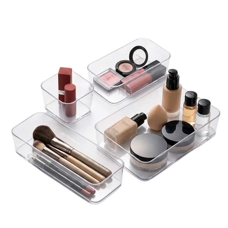4 Piece Clear Drawer Organizer Set Plastic Storage Boxes Multi Size Makeup Bathroom Desk