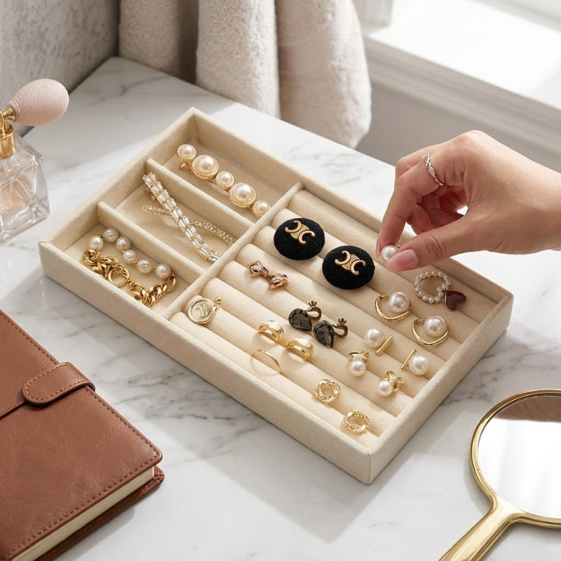3+1 Wooden Jewelry Storage Tray Drawer Style Organizer Partitioned Ring Earring Holder