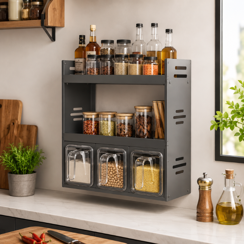 Multi Layer Kitchen Spice Rack Organizer with Storage Containers and Countertop Shelf 25.9cm