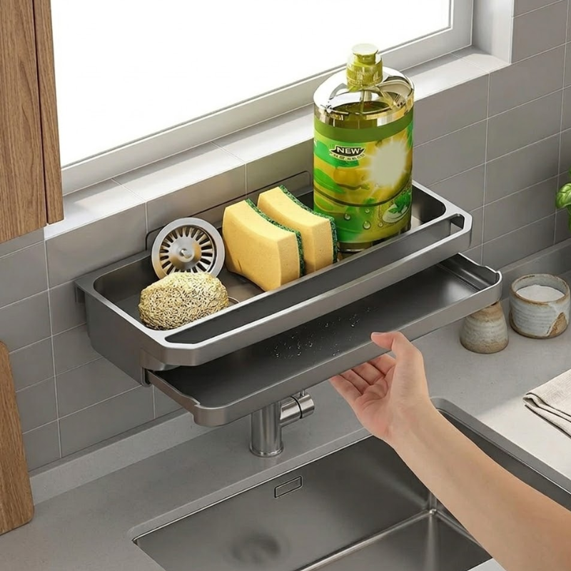 Kitchen Sink Organizer Drain Rack Self Draining Sponge Soap Holder Black