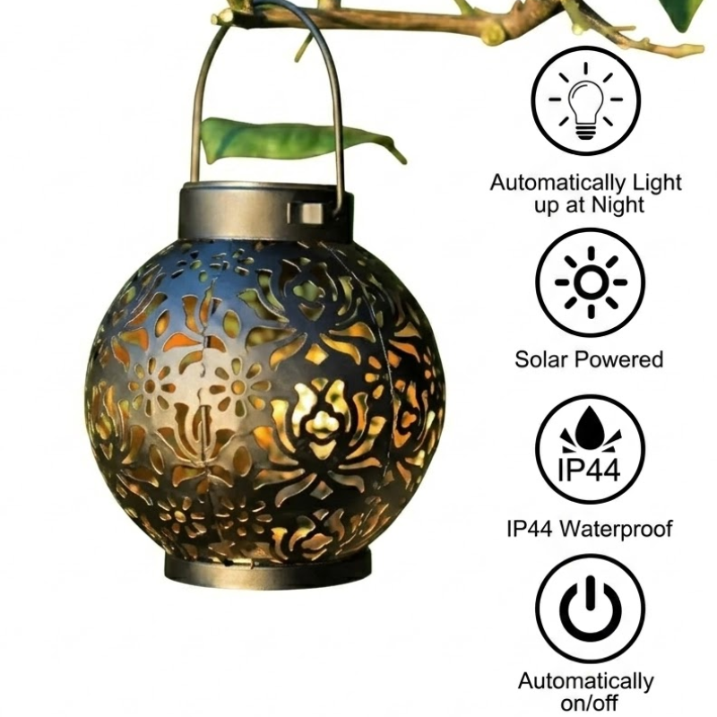 Solar Hanging Iron Lantern Light Warm White Projection Outdoor Garden Decor Lamp