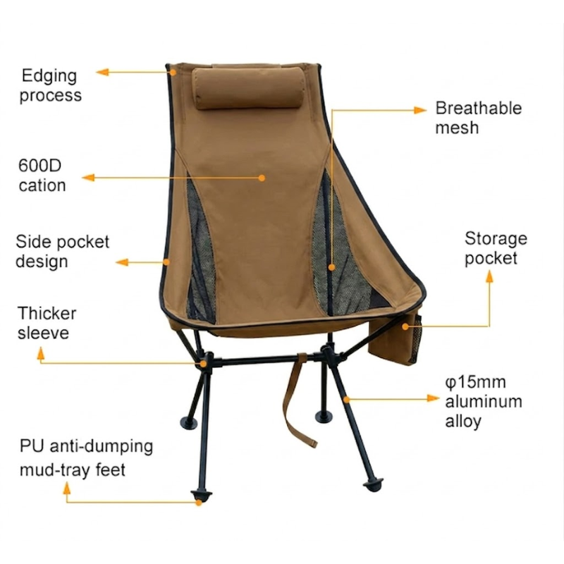 Portable Folding Camping Chair Brown with Headrest Lightweight Aluminium Outdoor Chair