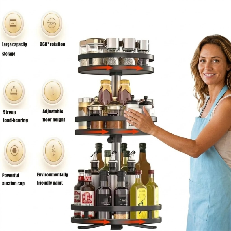 3 Layer 360° Rotating Spice Rack Organizer Carbon Steel Non-Slip Kitchen Tray