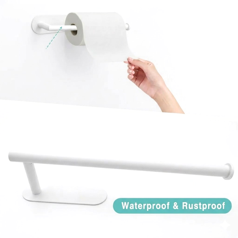 Long White Kitchen Paper Towel Holder Adhesive Wall Mounted Tissue Roll Rack