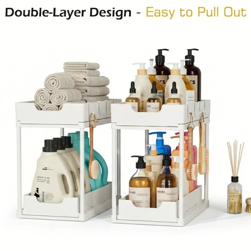 Double Layer White Pull Out Storage Rack Under Sink Organizer with Hooks