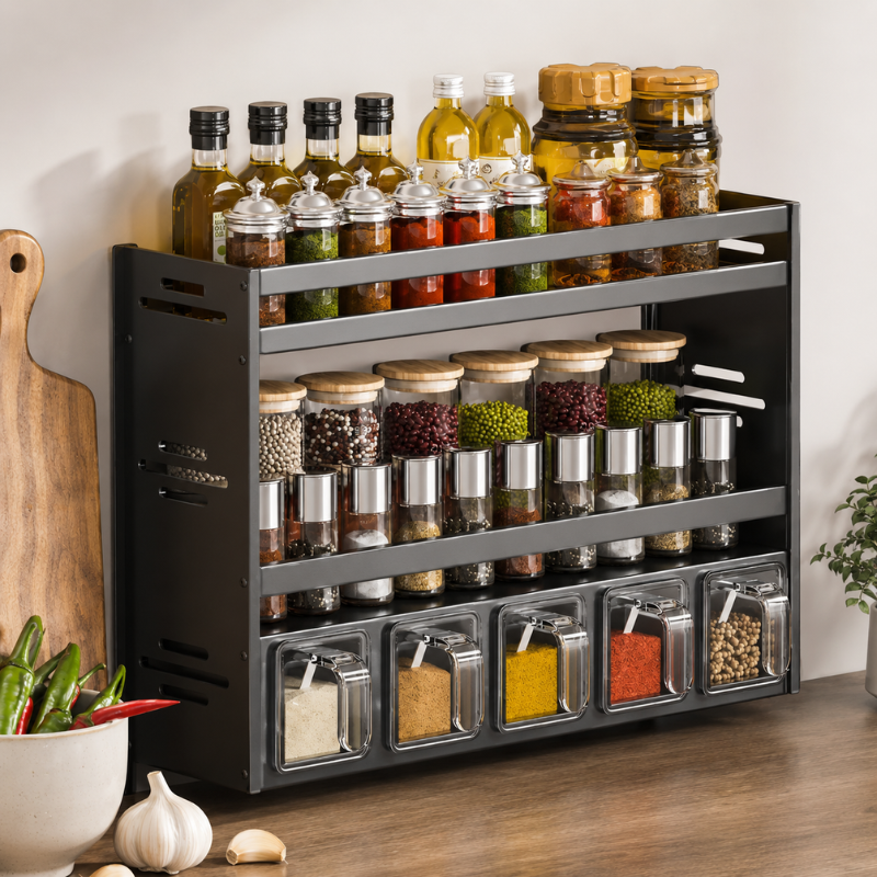 Multi Layer Kitchen Spice Rack Organizer with Storage Containers and Countertop Shelf 39.9cm