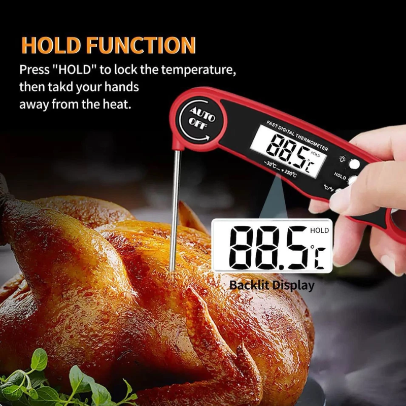 Digital Food Thermometer with Foldable Stainless Steel Probe for BBQ Cooking and Baking