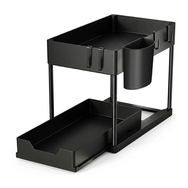 2 Tier Under Sink Organizer Sliding Pull-Out Cabinet Basket Storage Rack with Hooks