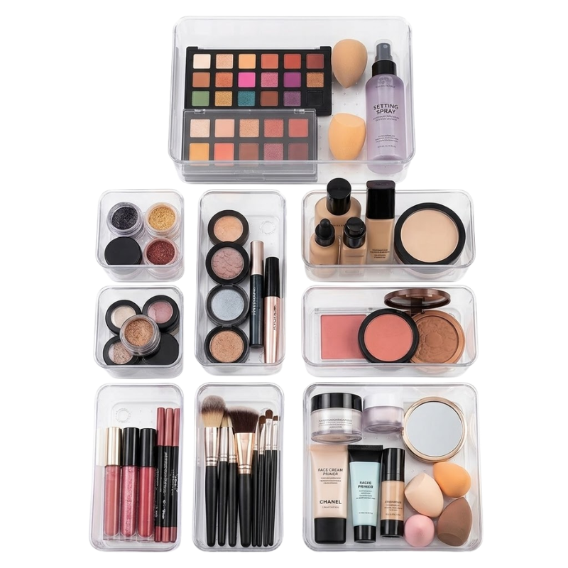 7 Piece Clear Drawer Organizer Set Plastic Storage Boxes Multi Size Makeup Bathroom Desk