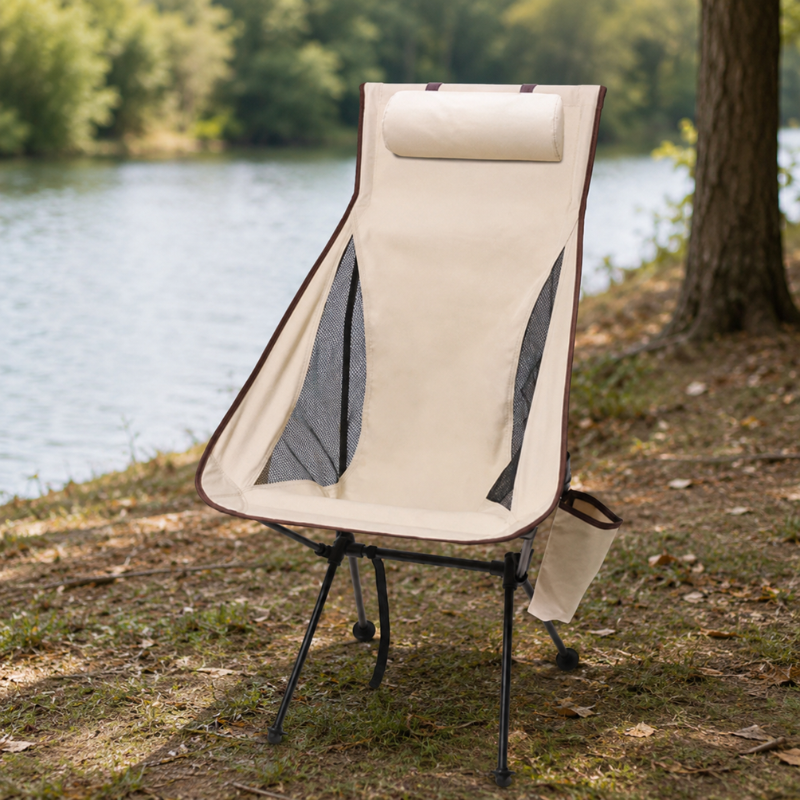 Portable Folding Camping Chair Beige with Headrest Lightweight Aluminium Outdoor Chair