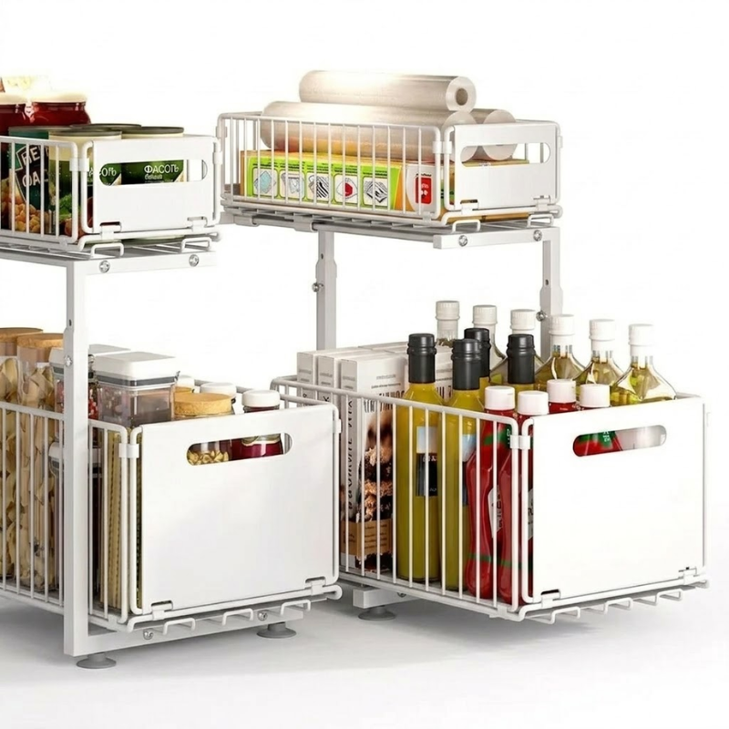 2 Tier White Pull Out Cabinet Organizer Adjustable Under Sink Storage Rack