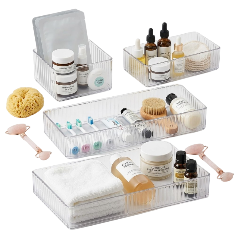 4 Piece Clear Drawer Organizer Set Plastic Storage Boxes Multi Size Makeup Bathroom Desk