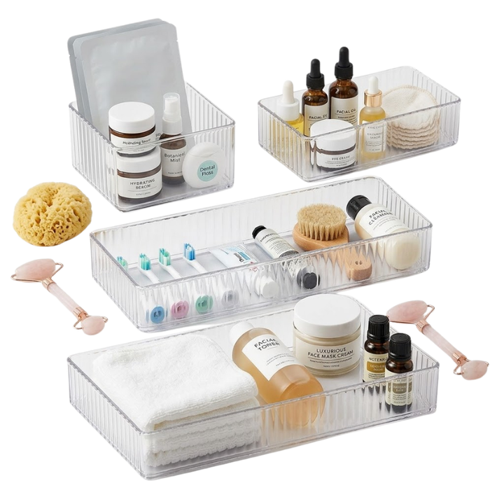 4 Piece Clear Drawer Organizer Set Plastic Storage Boxes Multi Size Makeup Bathroom Desk