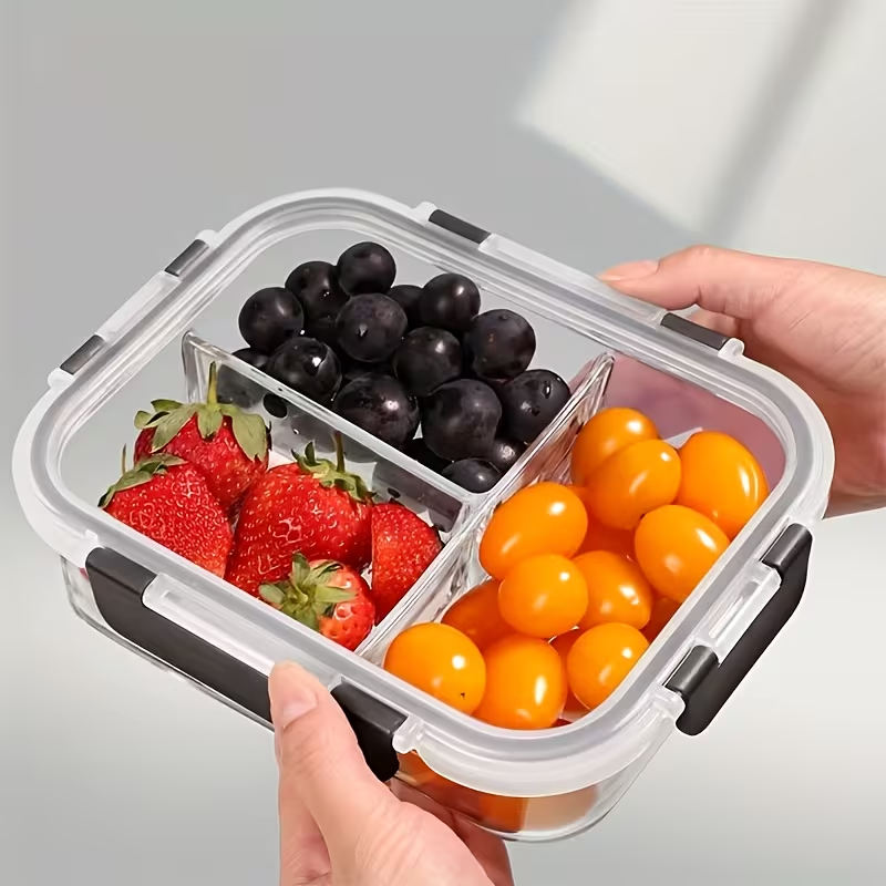 1040ml Rectangular Glass Lunch Box with Compartments Locking Lid Microwave Freezer Dishwasher Friendly