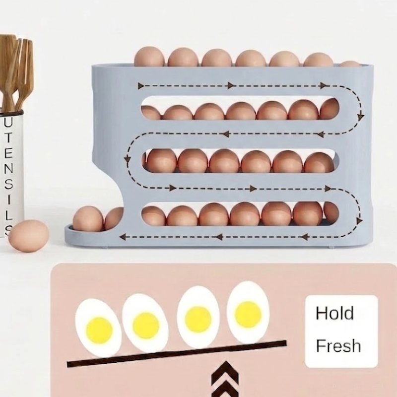 4 Layer Gray Egg Storage Box Automatic Rolling Refrigerator Organizer Rack