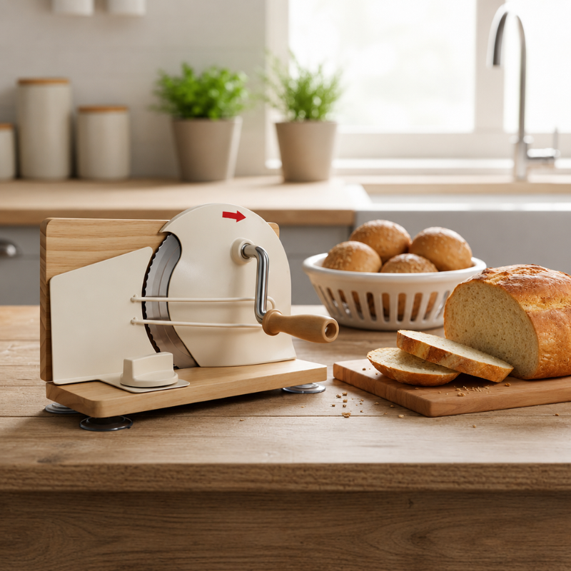 Beige Manual Bread Slicer with Adjustable Thickness Stainless Steel Blade and Hand Crank