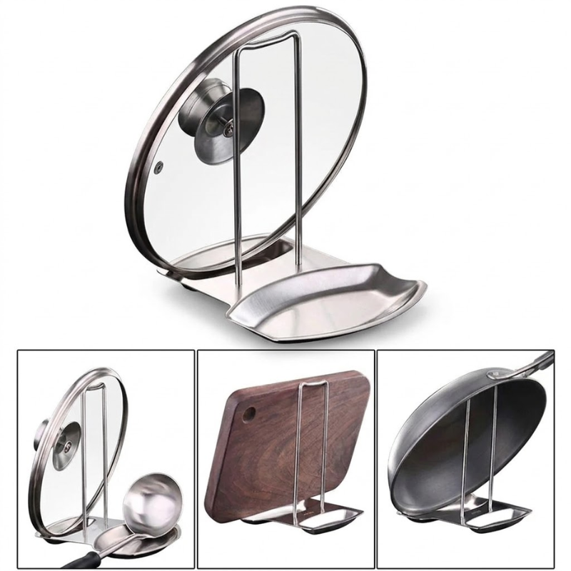 Stainless Steel Pot Lid Rack Detachable Kitchen Organizer Pan Cover Holder Spoon Spatula Stand