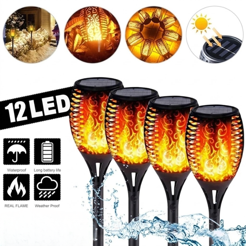 2 Piece Solar Flame Torch Light 12 LED Flickering Waterproof Outdoor Garden Lamps