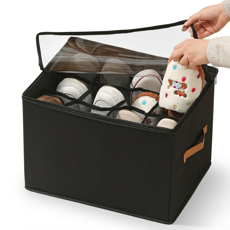 12 Grid Black Foldable Clothing Organizer Box Wardrobe Storage Bin with Lid