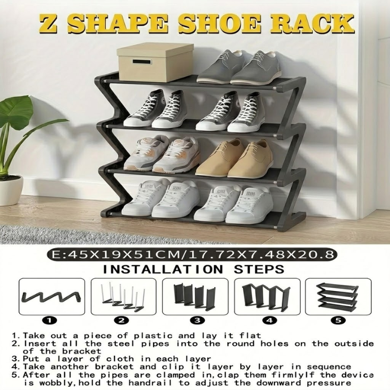 4 Tier Black Z-Shaped Shoe Rack Space-Saving Storage Organizer