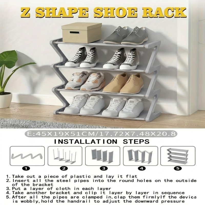 4 Tier Gray Z-Shaped Shoe Rack Space-Saving Storage Organizer