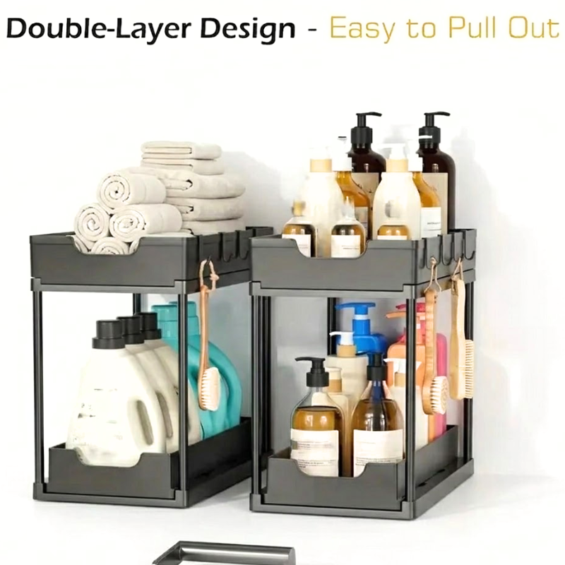 Double Layer Black Pull Out Storage Rack Under Sink Organizer with Hooks