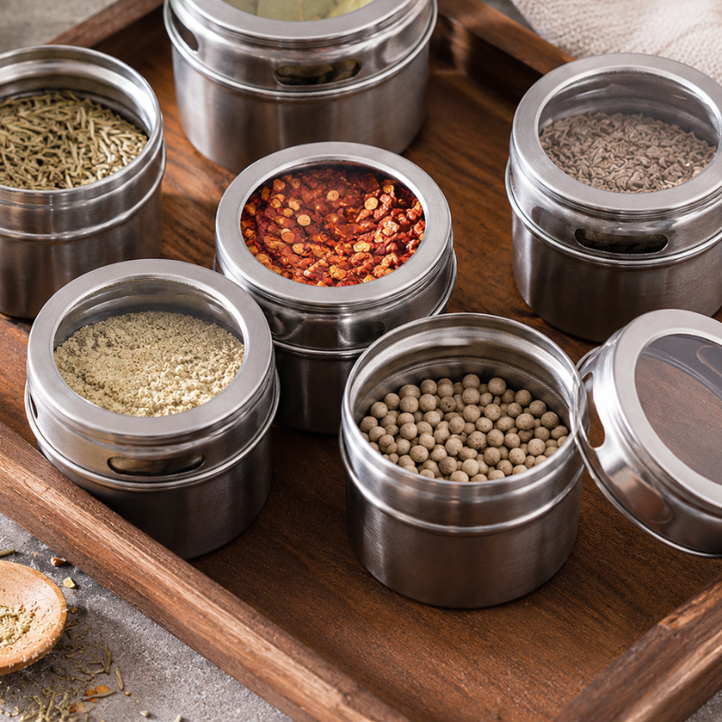 3 Piece Magnetic Spice Storage Jar Stainless Steel Seasoning Container with Spice Label