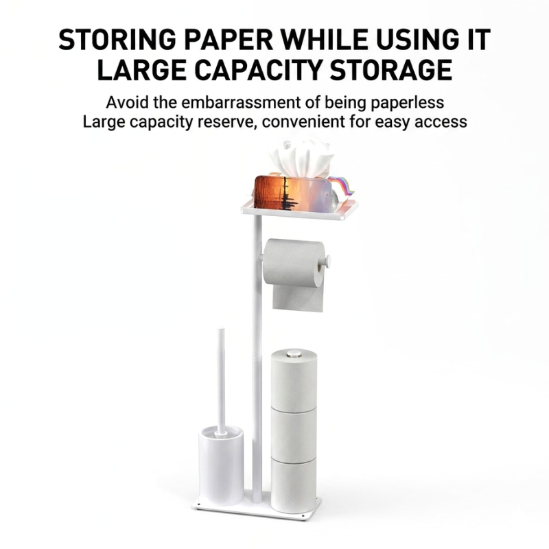 Floor Standing Toilet Paper Holder Stand with Brush and Phone Shelf Storage Rack White
