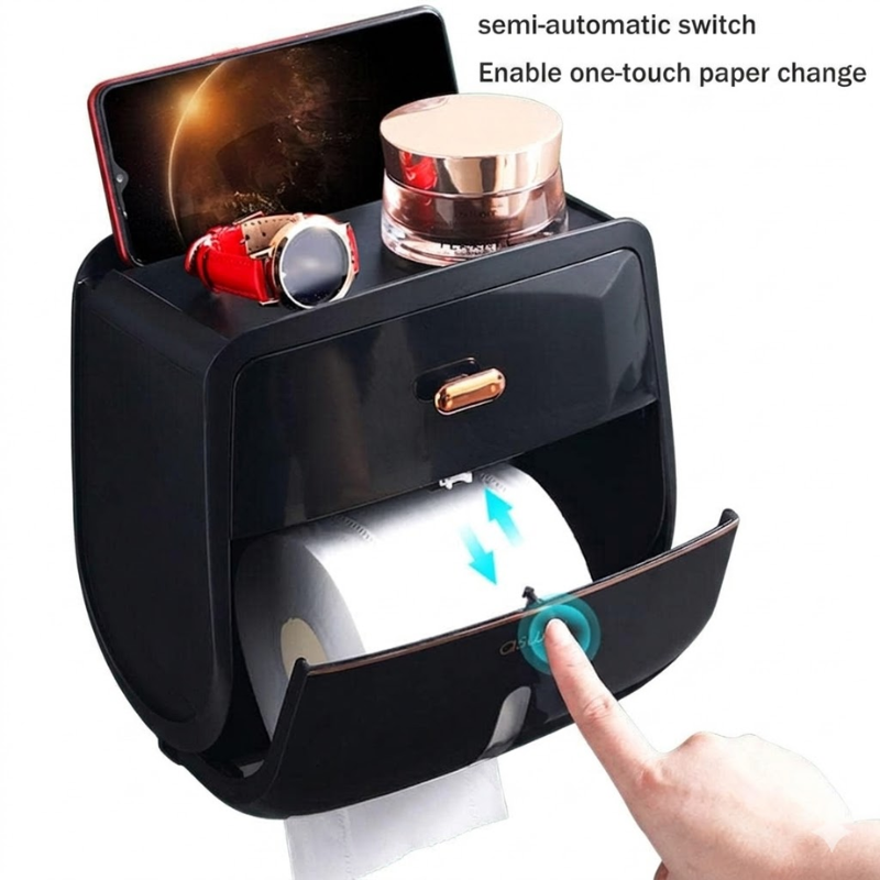 Double Layer Black Toilet Paper Holder Wall Mounted Waterproof Tissue Storage Box