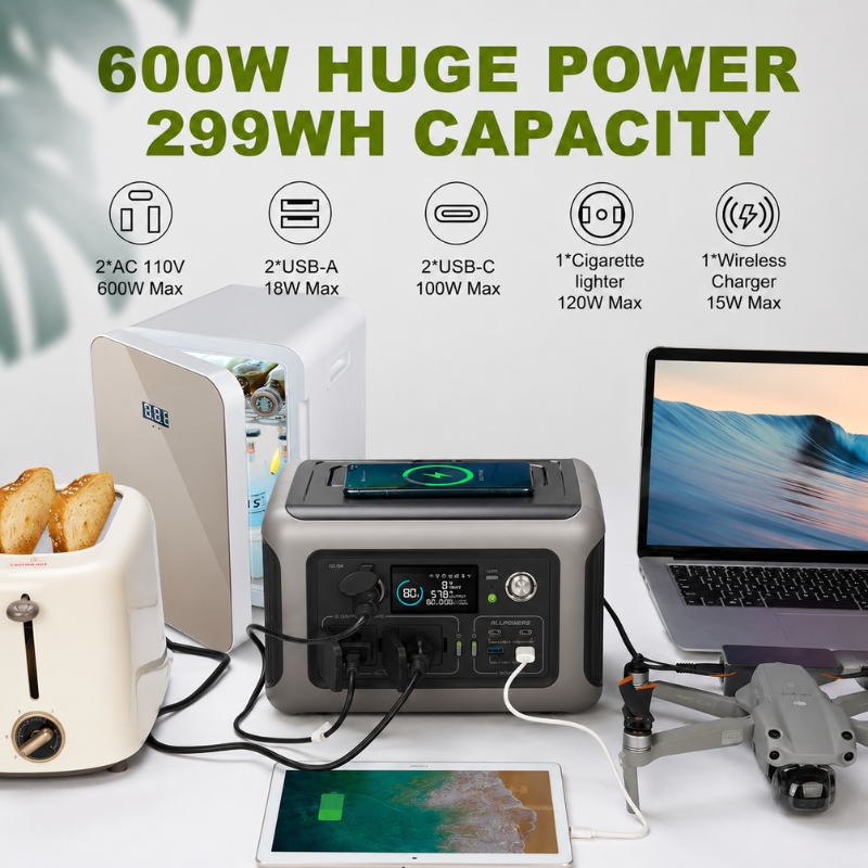 Portable Power Station 299Wh LiFePO4 Battery 600W Outdoor Backup Generator with AC USB-C and Wireless Charging