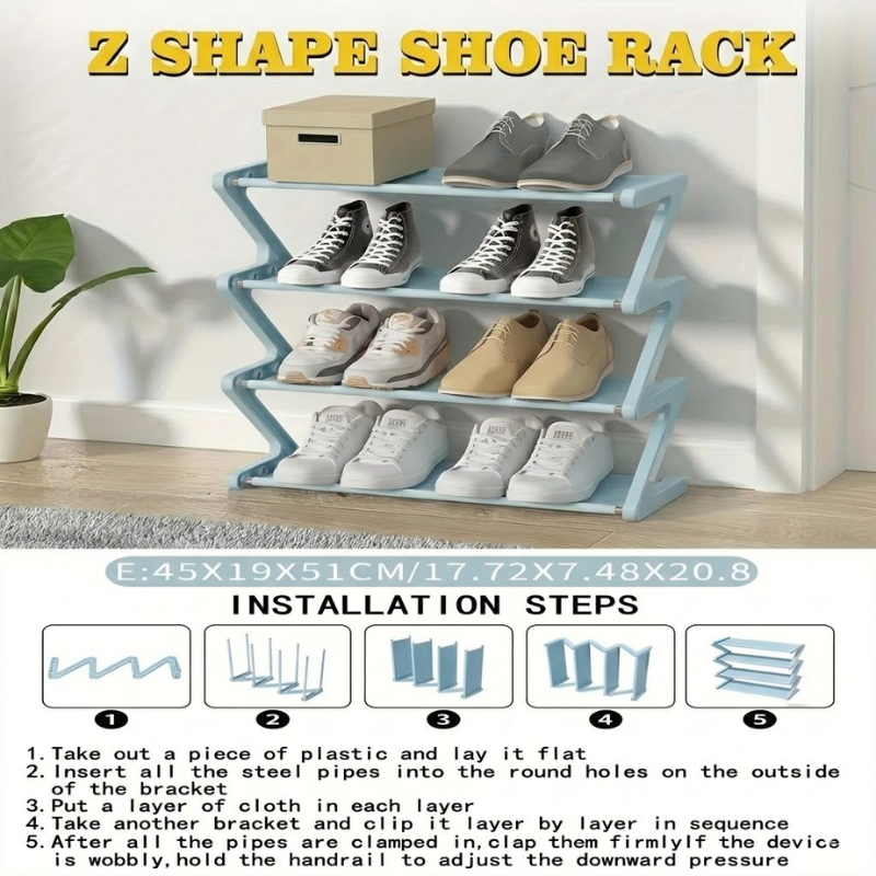 4 Tier Blue Z-Shaped Shoe Rack Space-Saving Storage Organizer