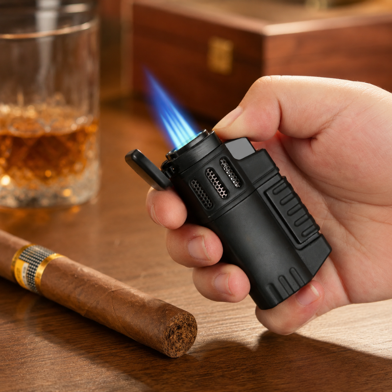 Black 4 Jet Torch Lighter with Built-In Punch and Gift Box