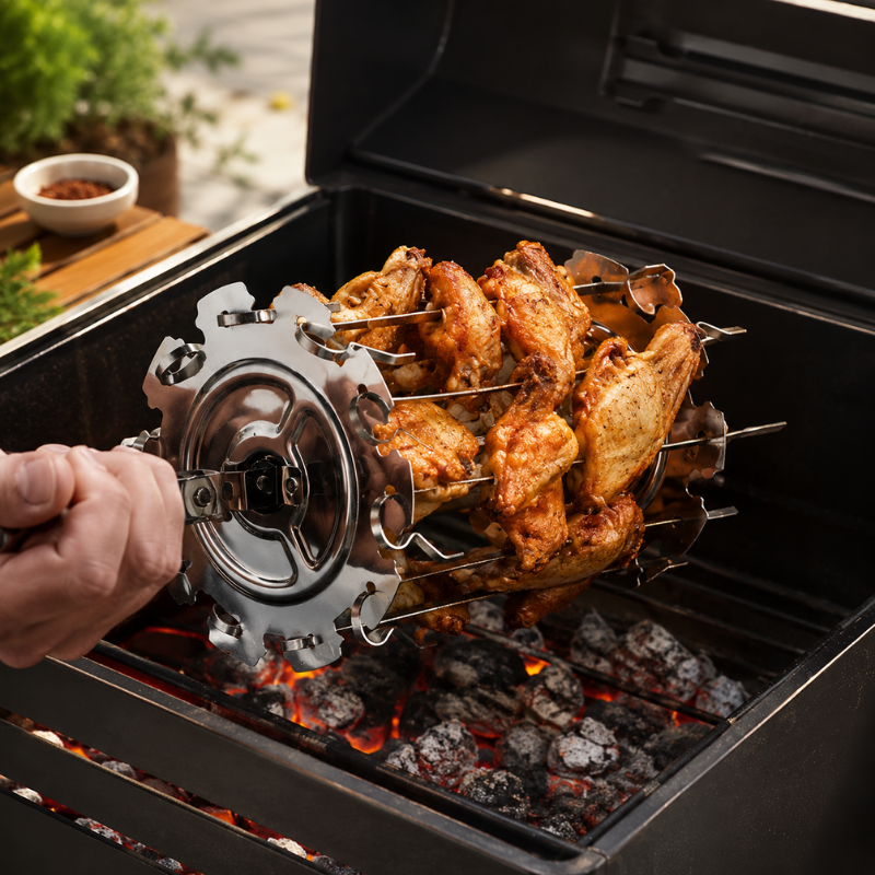 Stainless Steel Rotisserie Grill Cage with 10 Skewers BBQ Meat Vegetable Rotating Oven Kebab Maker Tool