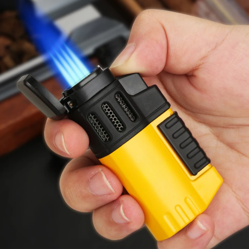Yellow 4 Jet Torch Lighter with Built-In Punch and Gift Box