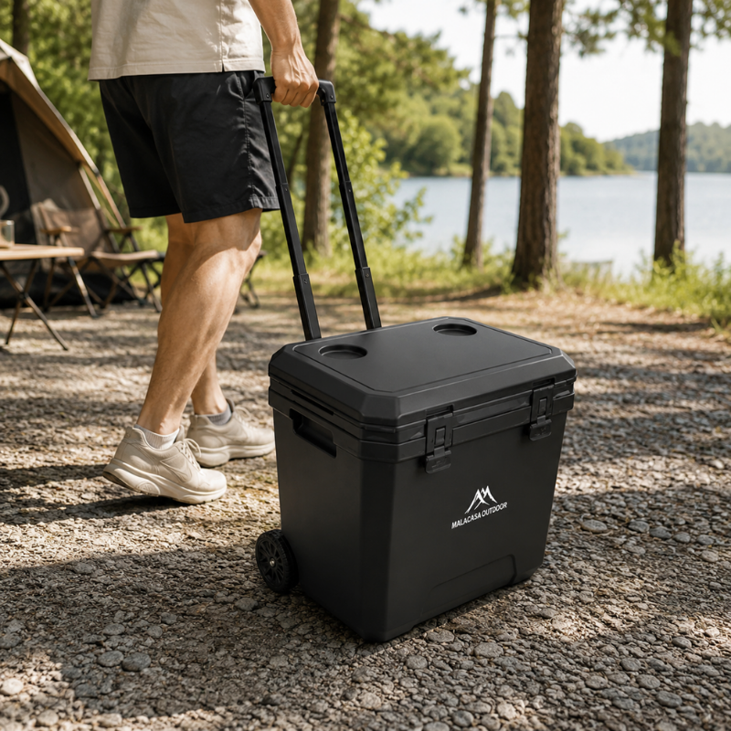 Portable 38L Insulated Cooler Box with Wheels Outdoor Trolley Refrigerator Black for Camping BBQ
