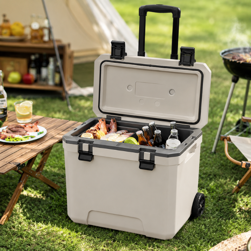 Portable 38L Insulated Cooler Box with Wheels Outdoor Trolley Refrigerator White for Camping BBQ