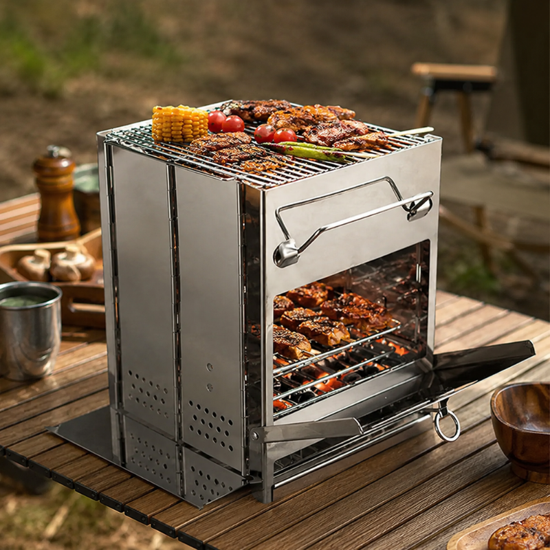 Foldable Camping Wood Stove Stainless Steel Portable Mini Grill for Outdoor Cooking