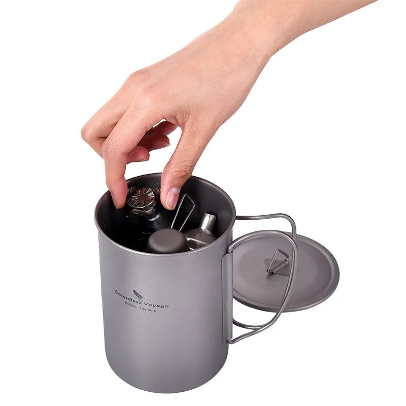 600ml Titanium Camping Cup with Lid Foldable Handles and Storage Bag