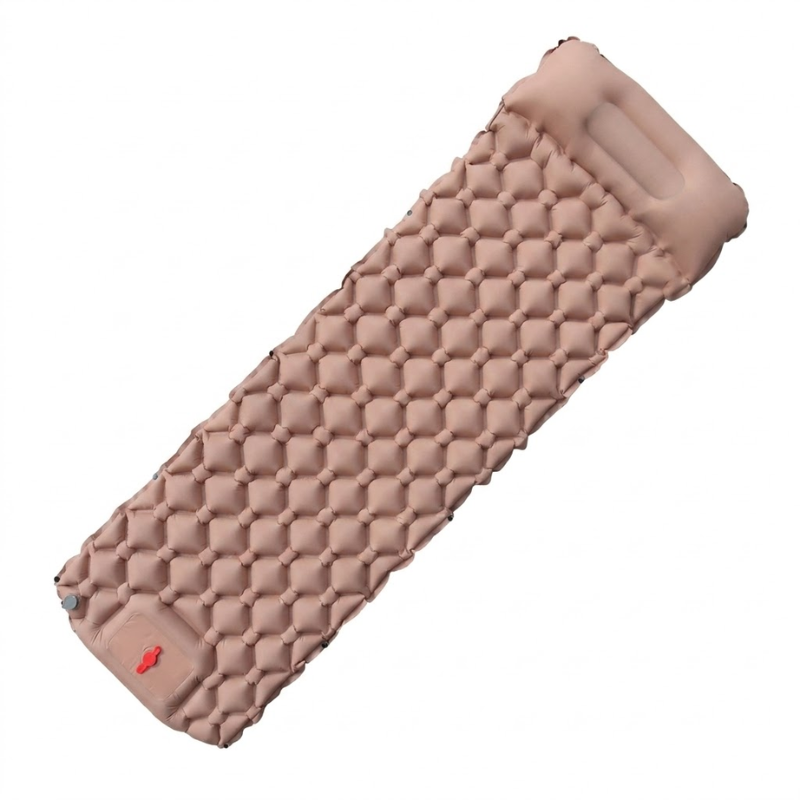 Inflatable Khaki Camping Mat with Built In Air Pump Pillow for Hiking Trekking Travel and Outdoor Use