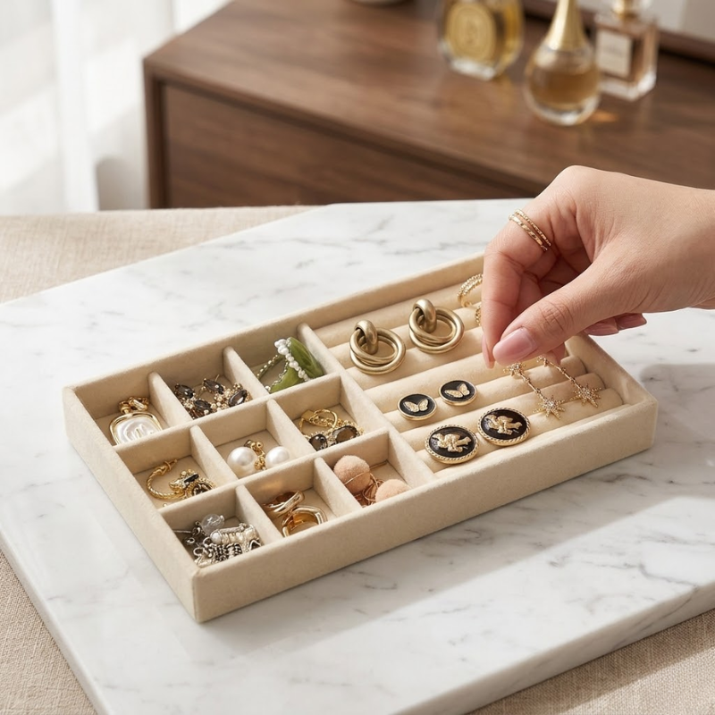 9+1 Wooden Jewelry Storage Tray Drawer Style Organizer Partitioned Ring Earring Holder